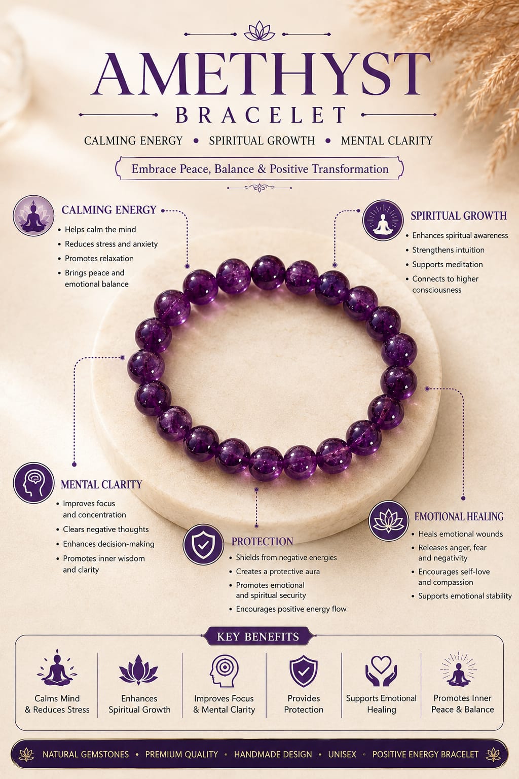 Amethyst Crystal Bracelet | Protection Bracelet | Calming Bracelet | Lab certified